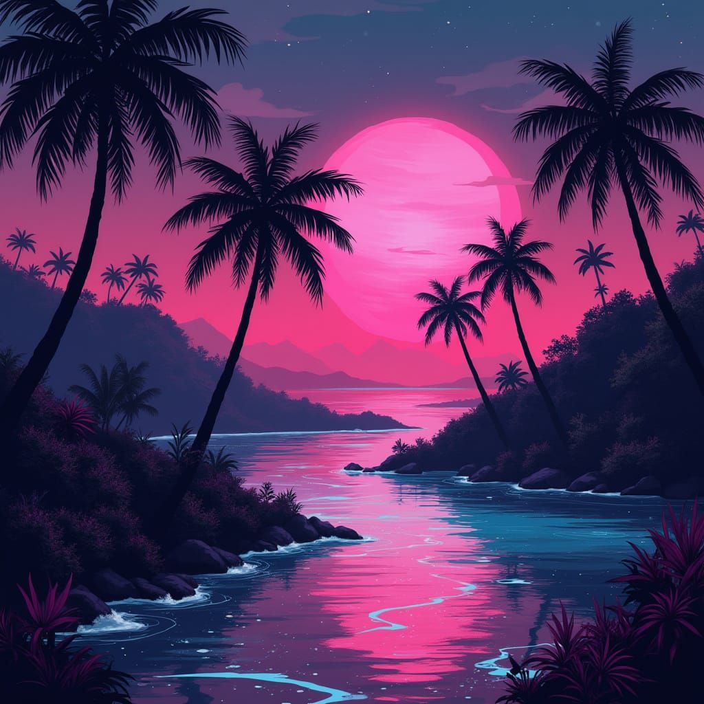 Retro Paradise Neon Synthwave Landscape