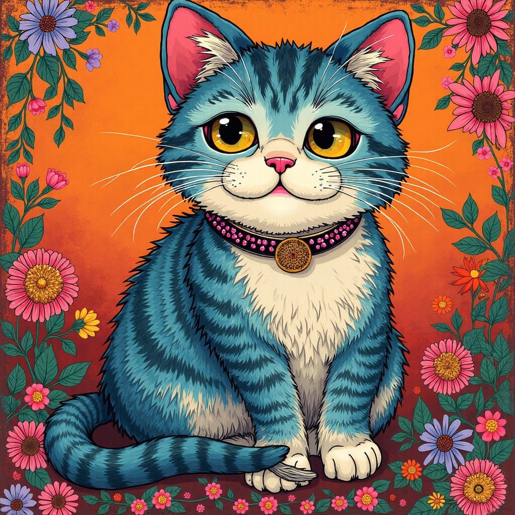 Whiskered Cat in Floral Pop Art Style