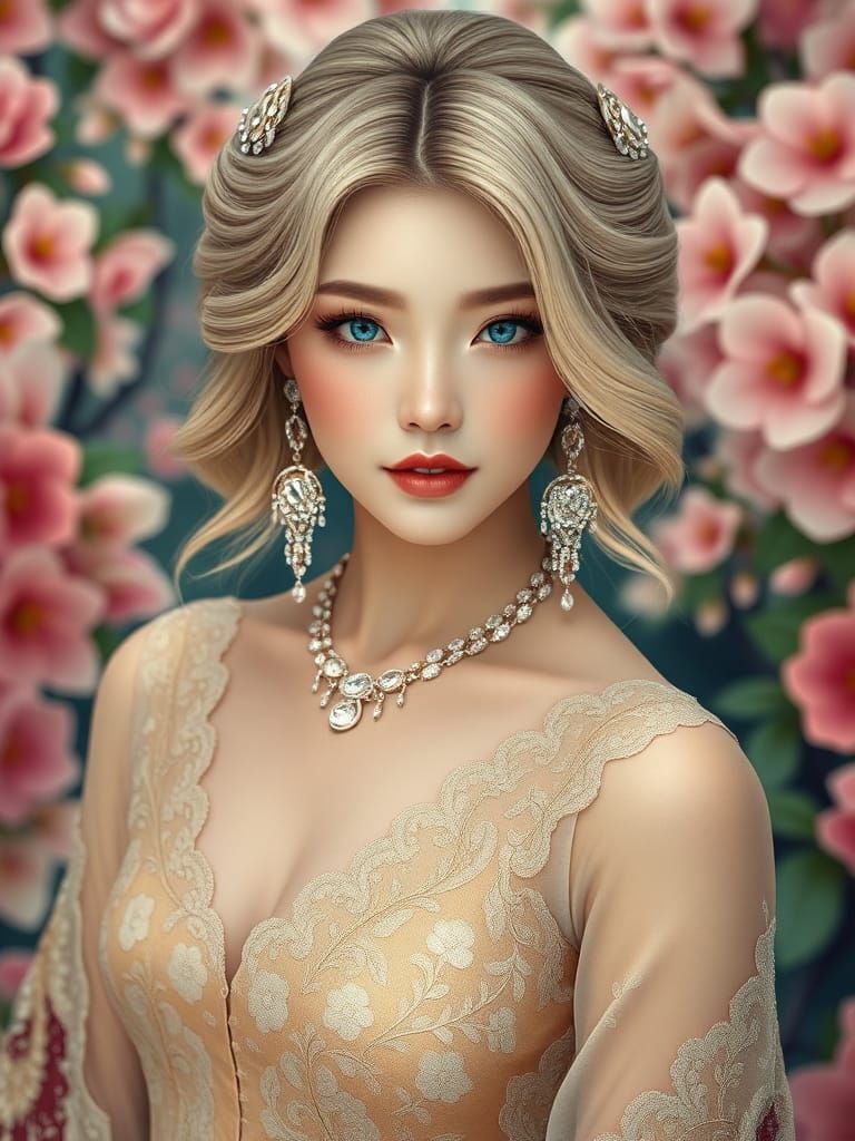Japanese Woman in Gold Lace Dress: Photorealistic Portrait
