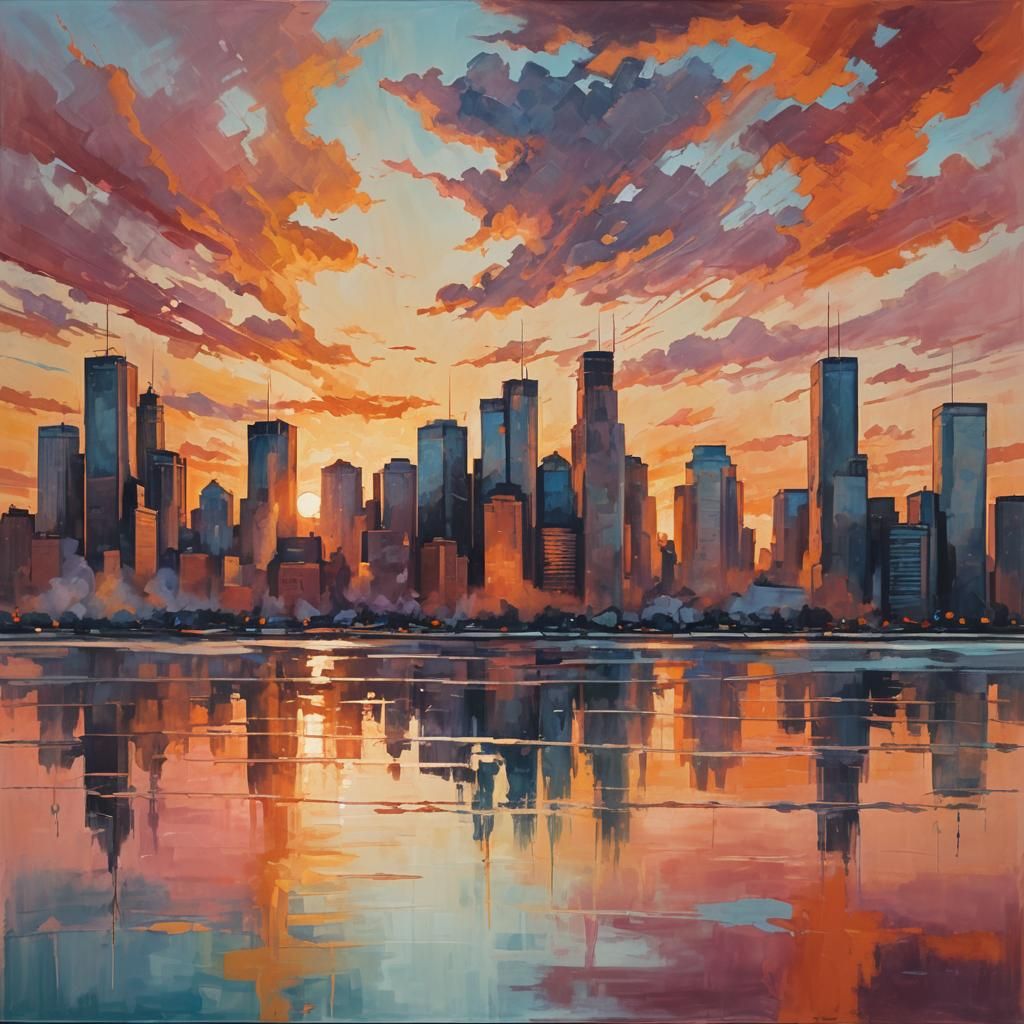 Detroit Sunrise: Abstract Expressionist Cityscape in Vibrant...