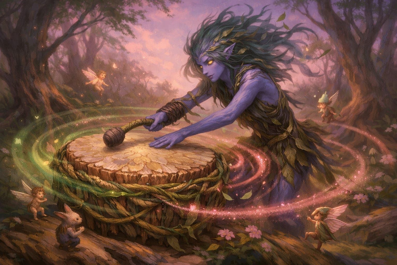 Woodland Figure Plays Ritual Drum with Verdant Energy