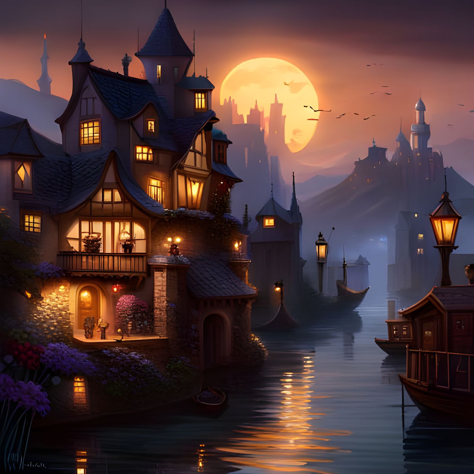 Fantasy Castle Landscape with Magicians, Digital Art