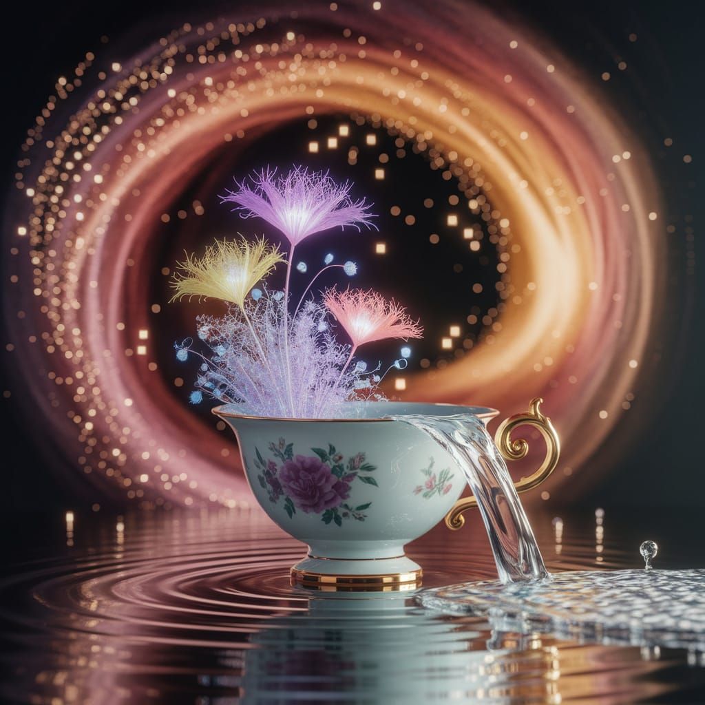 Cosmic Teacup: Bioluminescent Flora in 3D Render