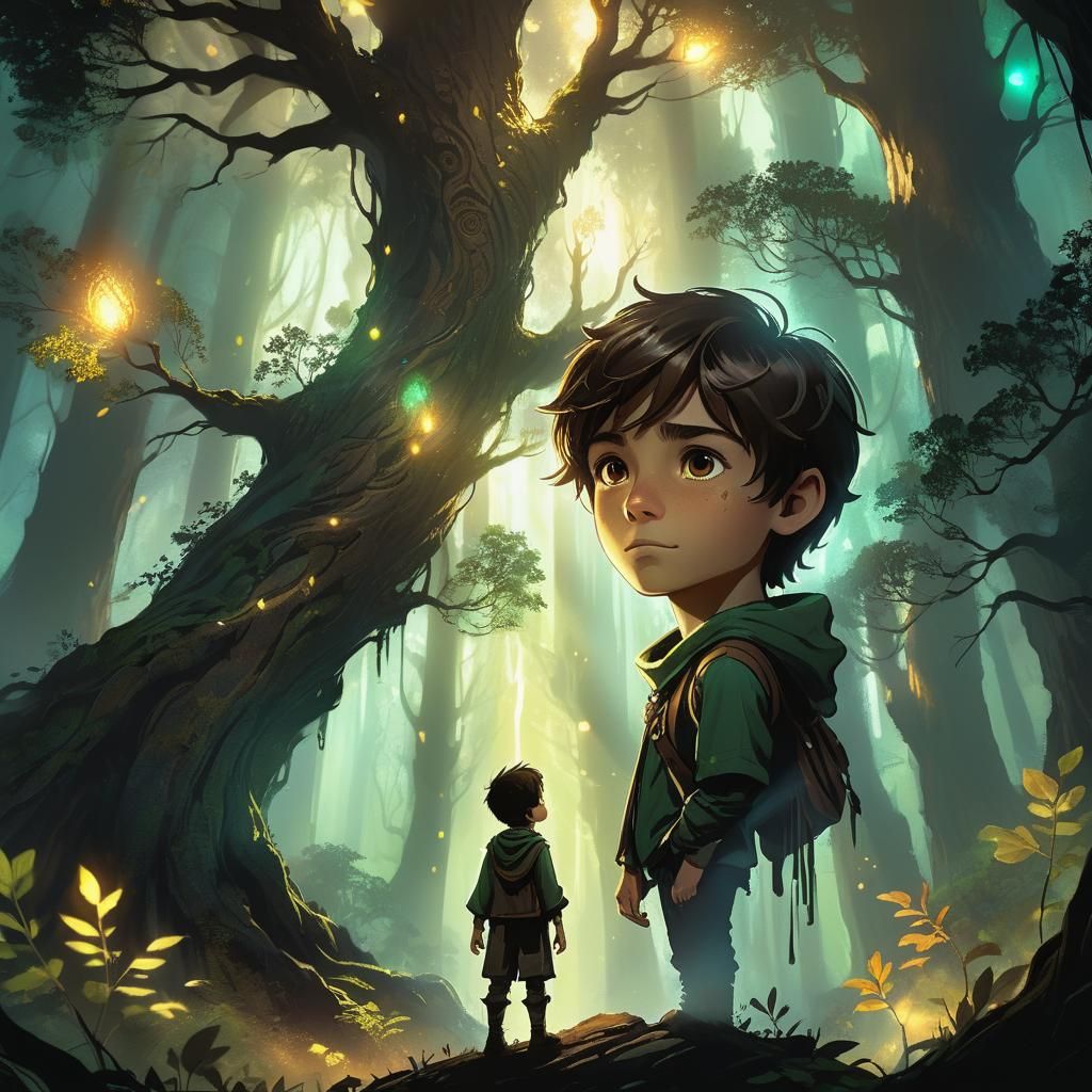 Boy Gazing at a Glowing Tree in Mystical Forest