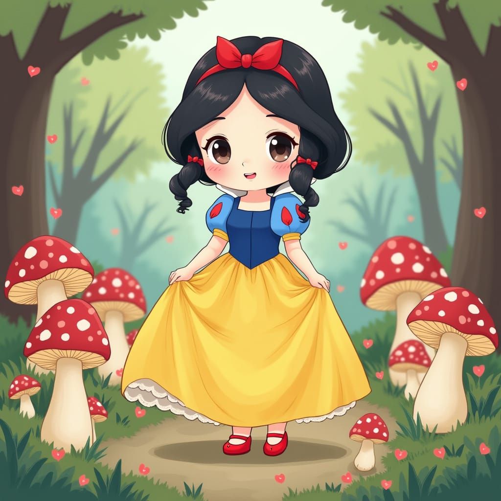 Chibi Snow White in Whimsical Japanese-Inspired Wonderland