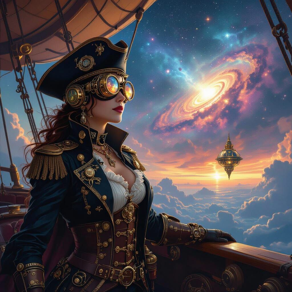 Mystical Steampunk Pirate Captain Overlooking Nebula Sky