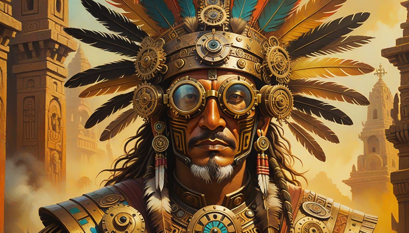 Steampunk Aztec Priest in Impressionistic Oil Painting