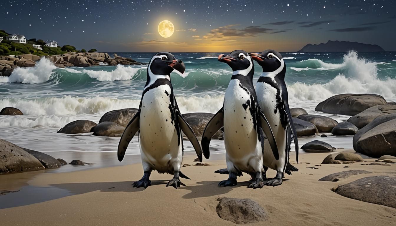 Penguins Under Starry Sky at Boulders Beach