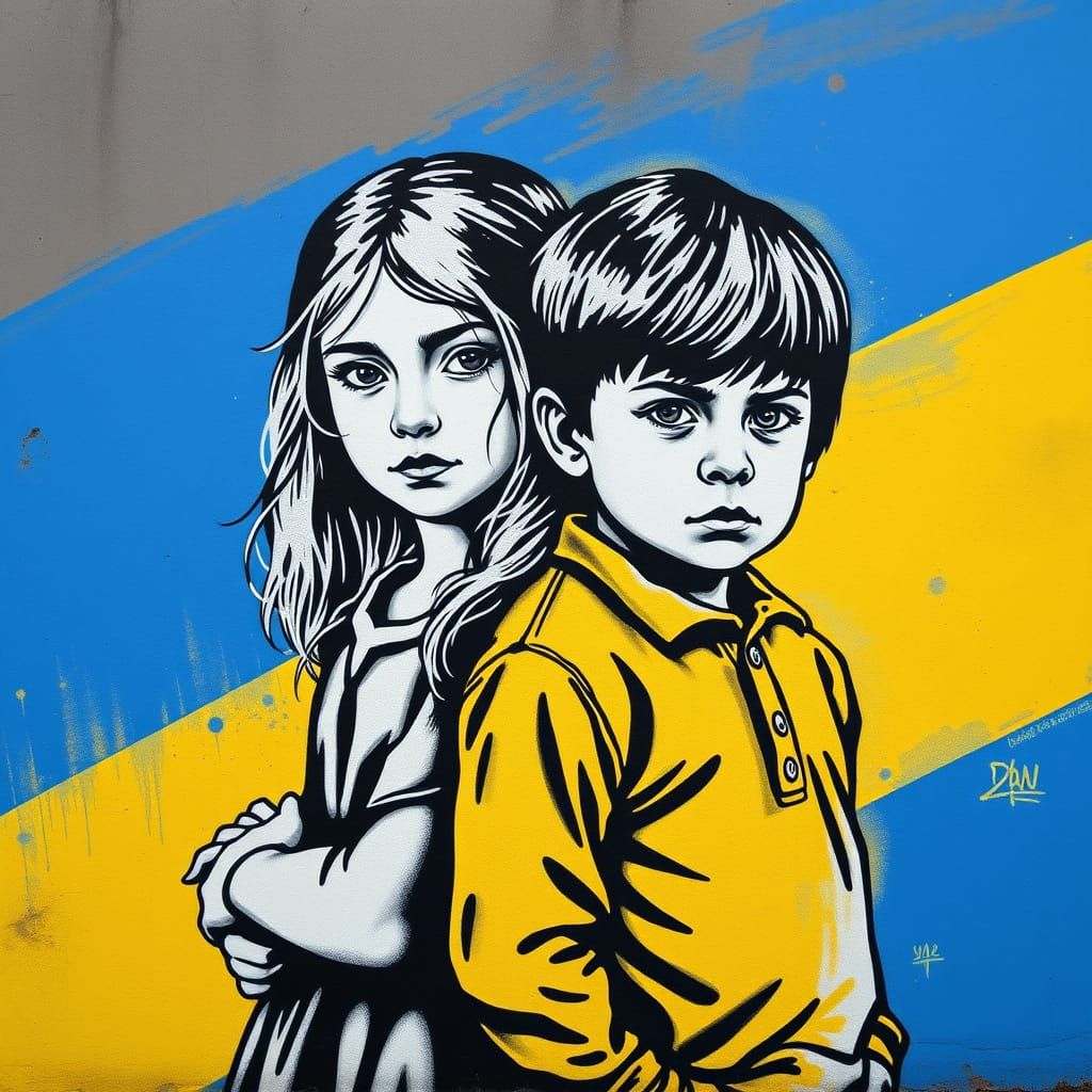 Serious Little Girl and Brother Stand Together Under Ukraini...