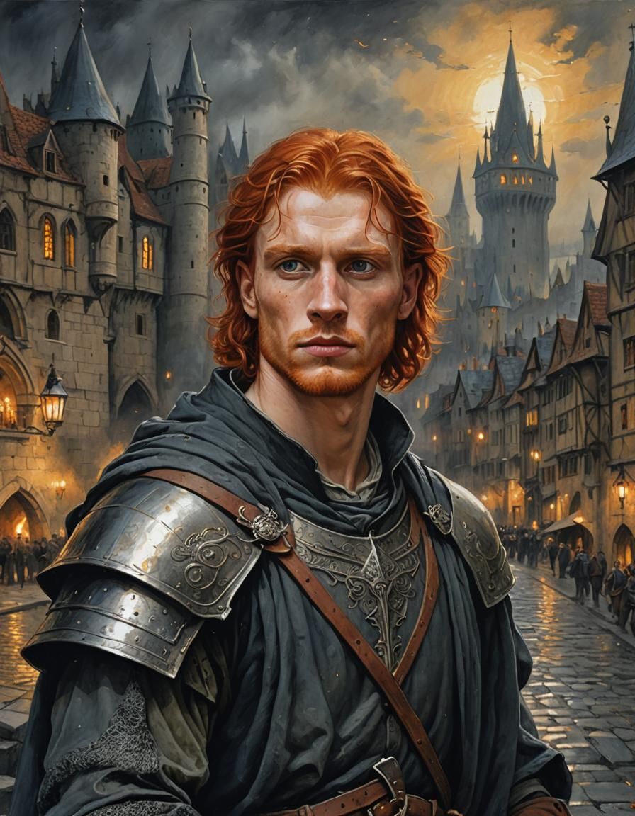 Redhead Night Watchman Portrait in Palette Knife Style