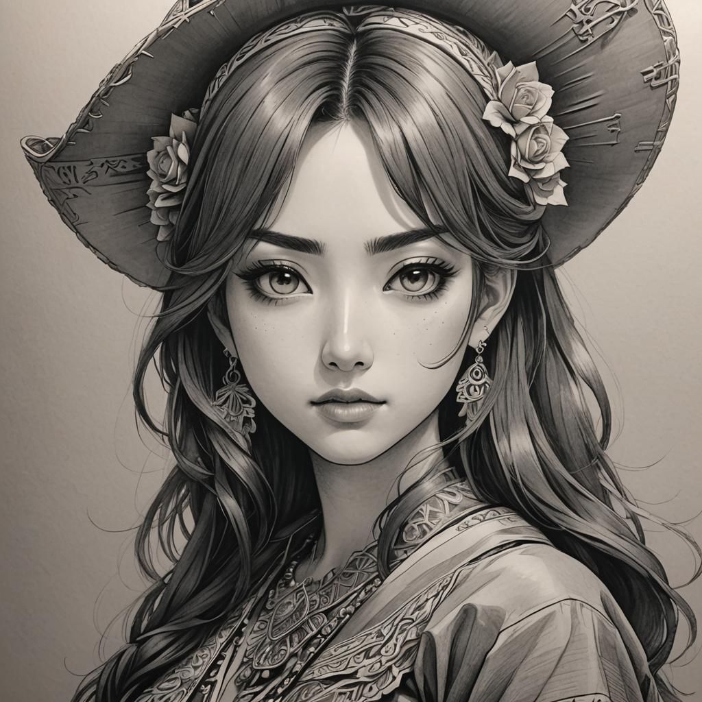 Hyperdetailed Charcoal Drawing of a Mexican Waifu