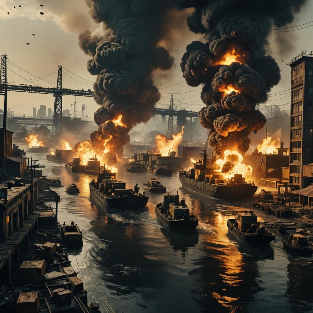 Explosive Military Barges in Dark Cinematic Style