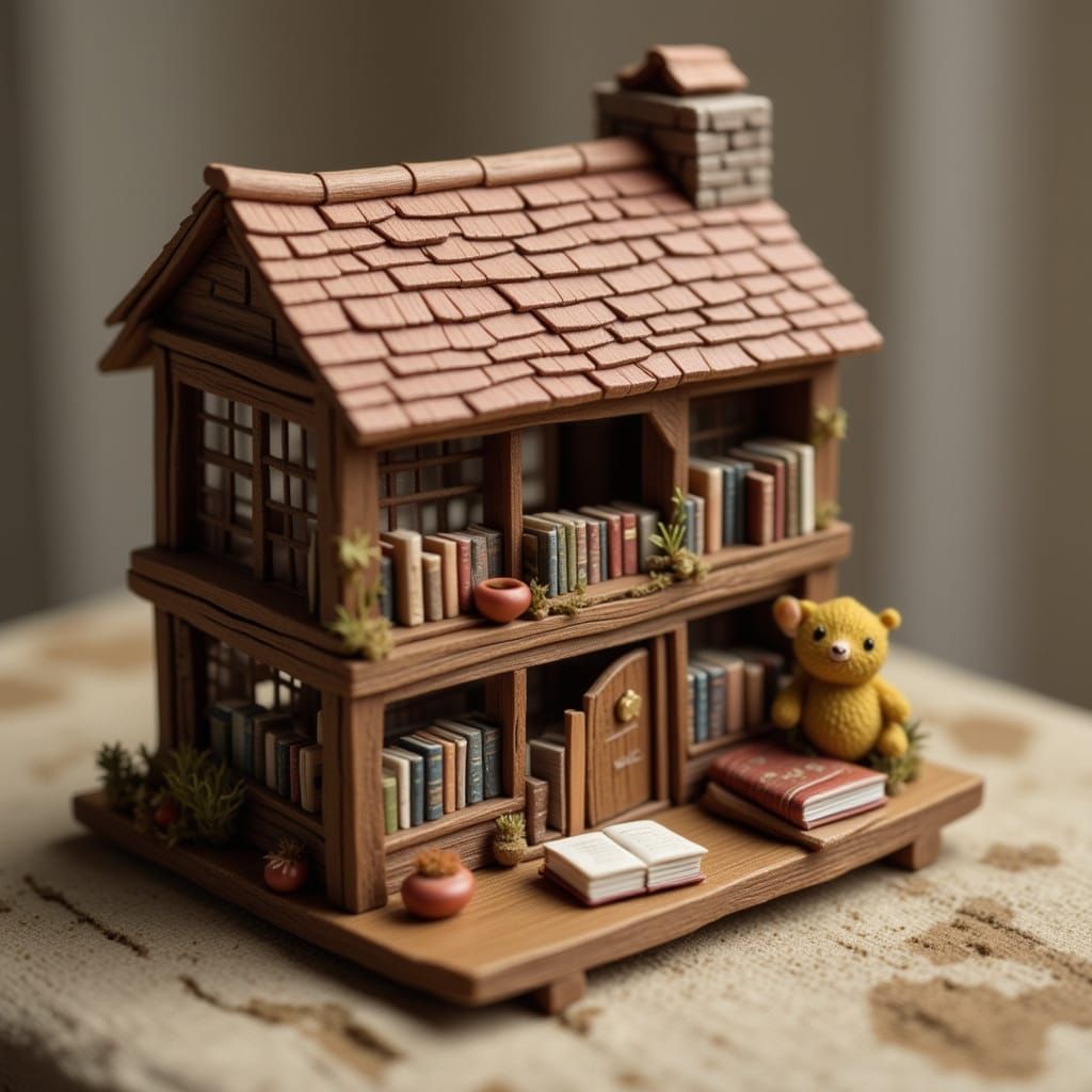 Tiny Detailed Miniature Library with Cute Animal