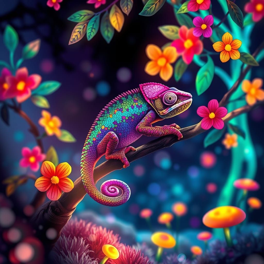 Rainbow Chameleon in Bioluminescent Forest, Digital Art