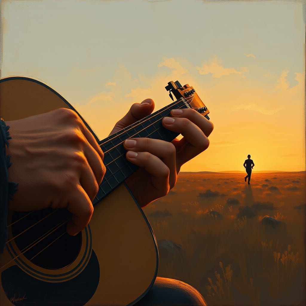 Serenity at Sunset: Guitarist Amidst Frozen Landscape