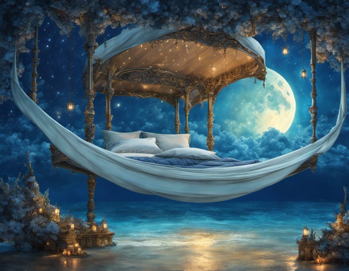 Crescent Moon Bed Floating on Ocean at Night