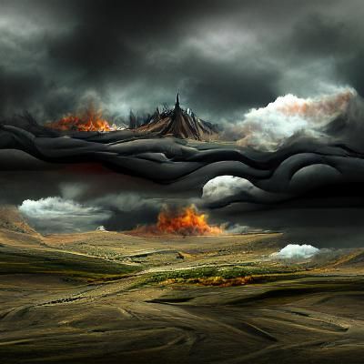 Desolate Fire Landscape Under Dark Cloudy Sky