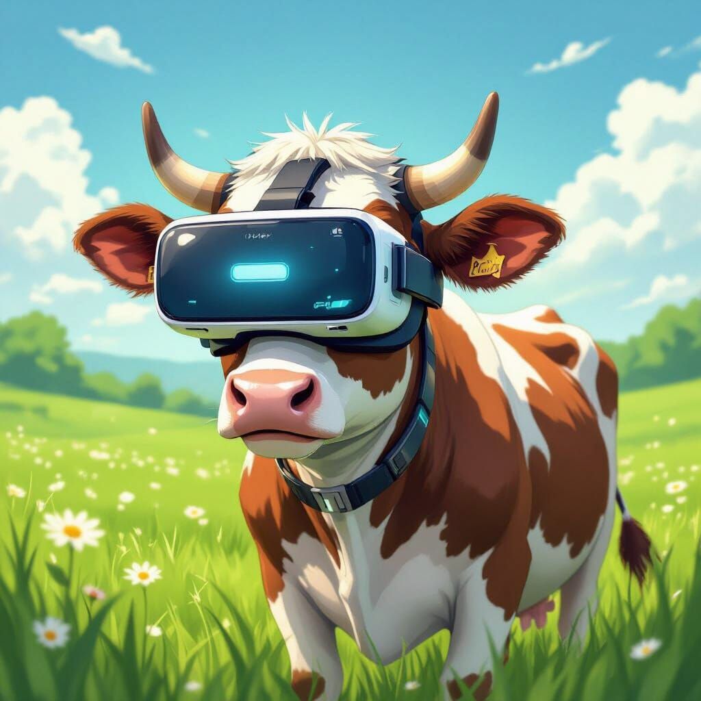 Cow in VR Headset in Lush Pasture, Anime Style
