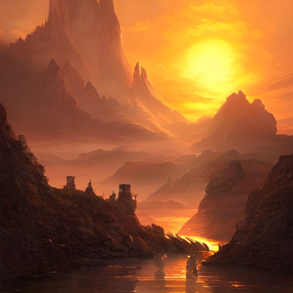 Golden Sunset Over Arcane Landscape