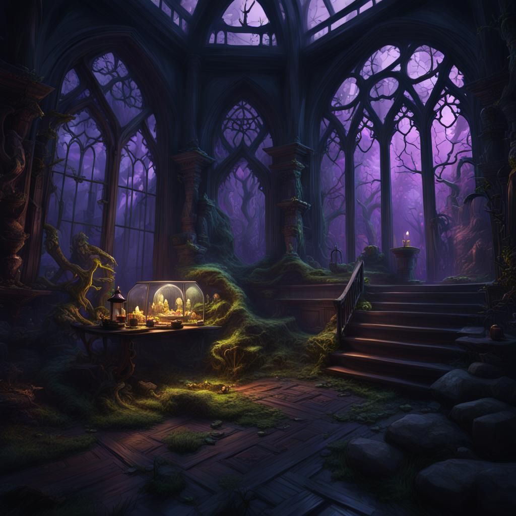 Haunted Forest Terrarium in Gothic House: Dark Fantasy Art
