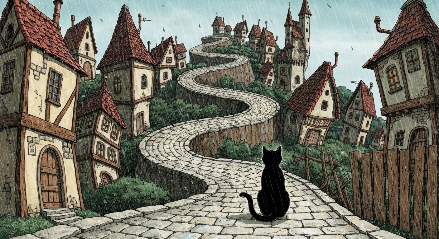 Black Cat in Gothic Town, Pen and Ink Style