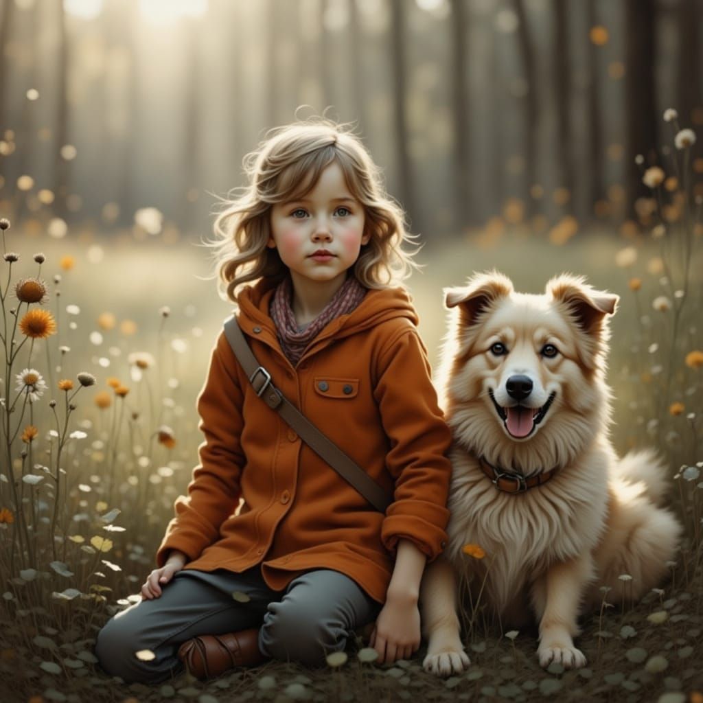 Girl With Dog in Rustic Setting