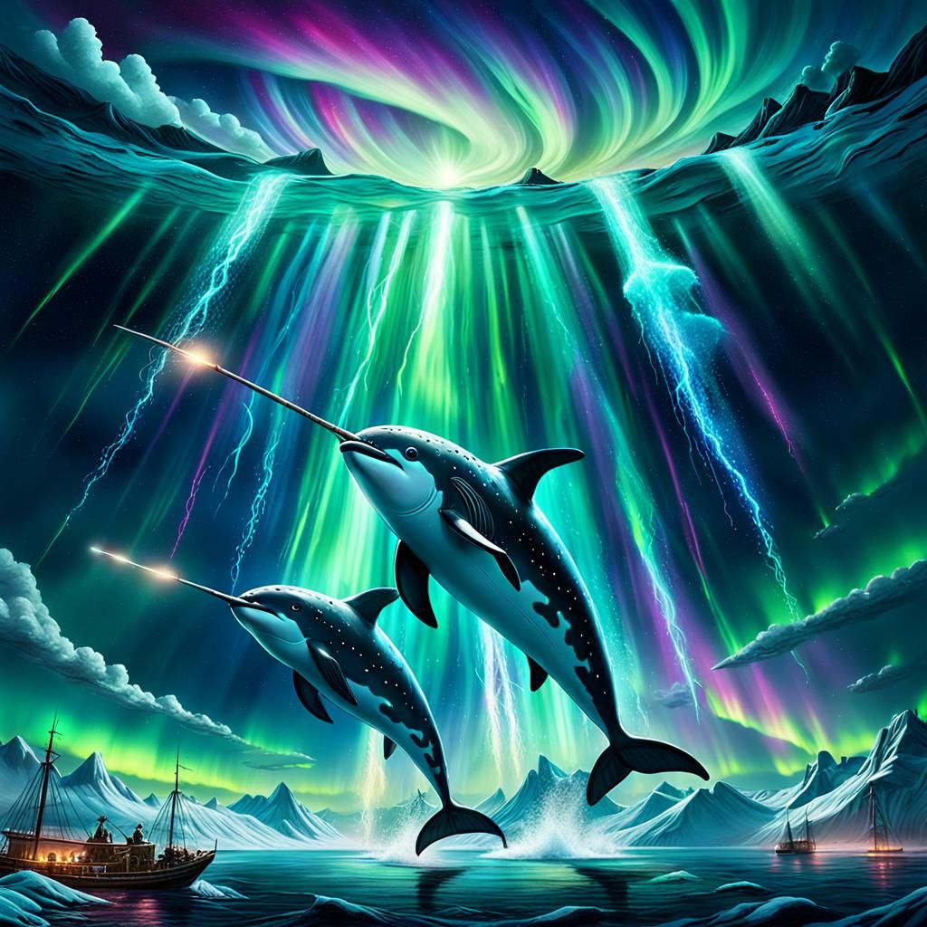 Narwhal Hunt Beneath Swirling Aurora Borealis