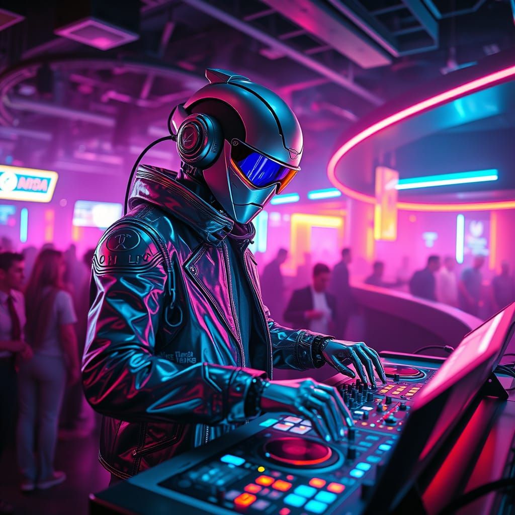 Futuristic Robot DJ in Neon Cyberpunk Club