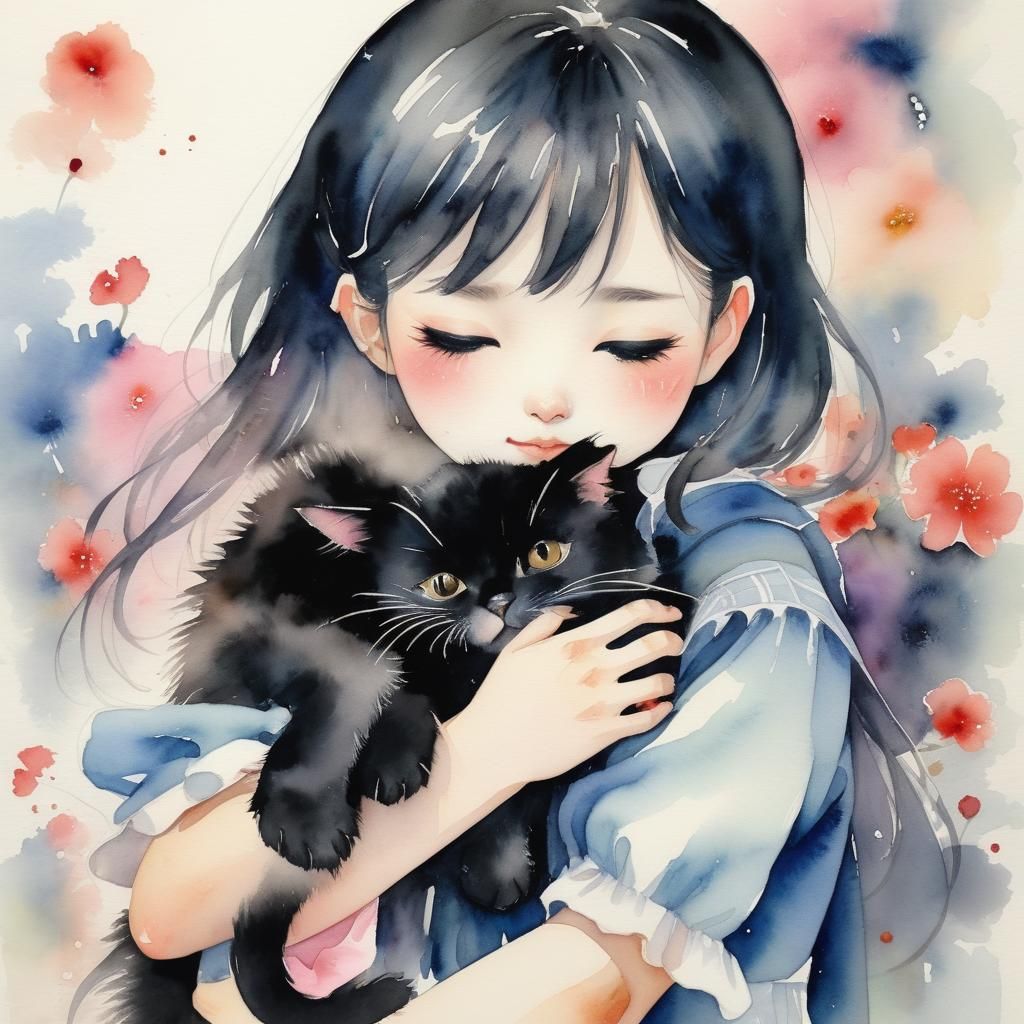 Japanese Schoolgirl Hugging Black Kitten as Watercolor
