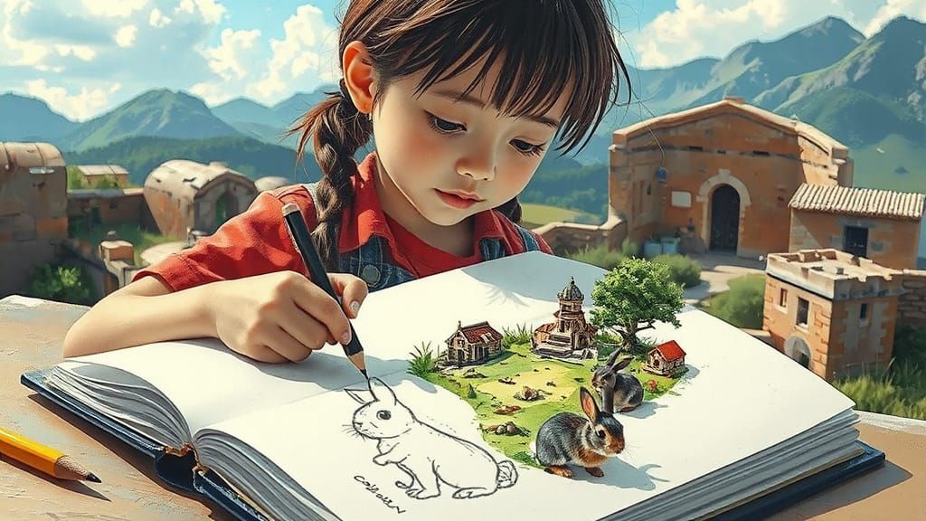 Anime Girl Draws Living Ruins With Cute Rabbits