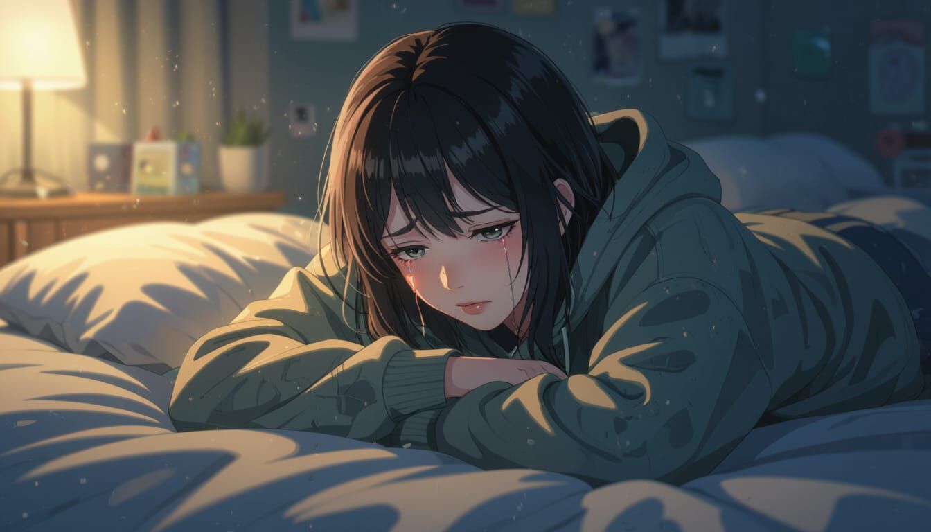 Woman Crying on Bed in Detailed 3D Anime Style