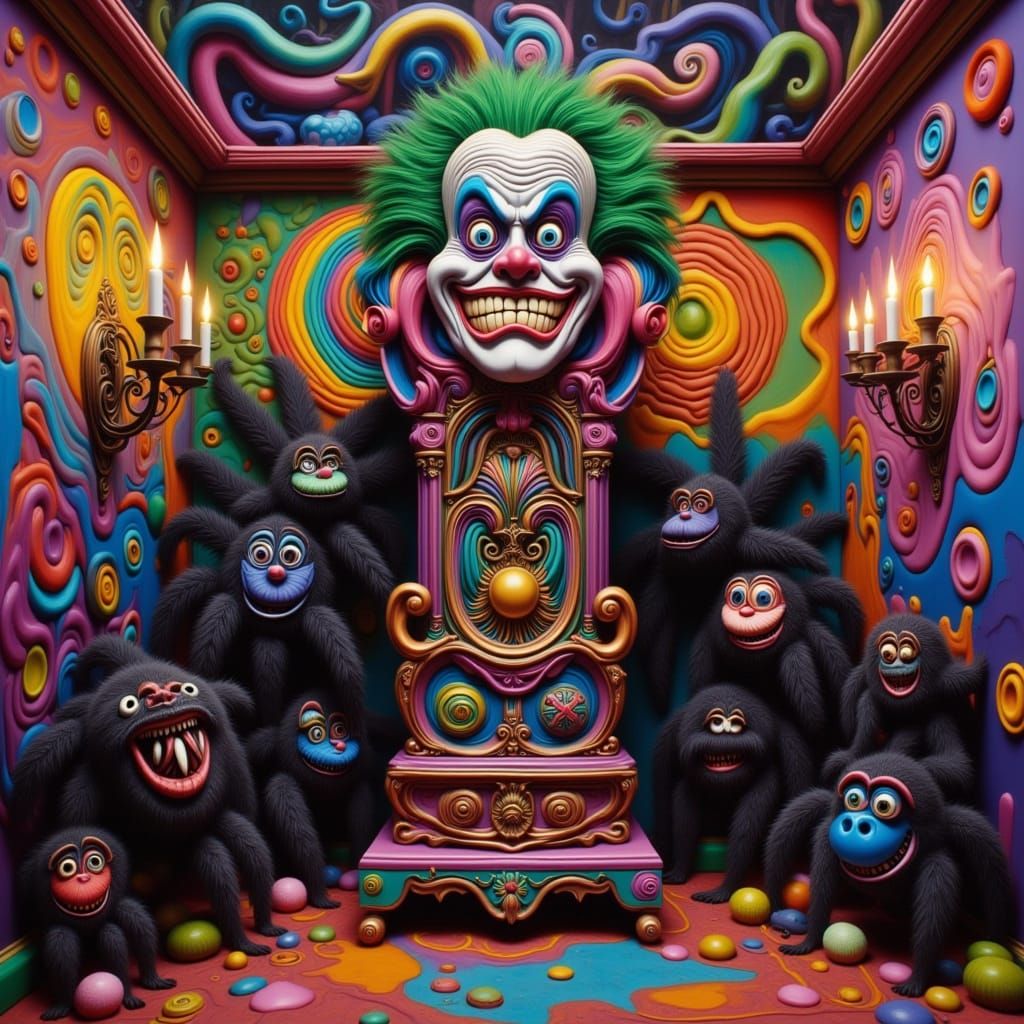 Joker-Faced Grandfather Clock in Psychedelic Funroom
