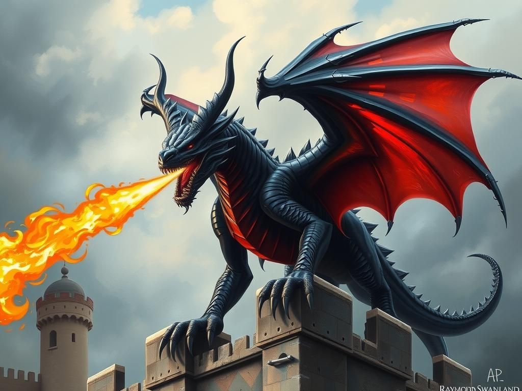 Fierce Black Dragon Breathing Fire on Castle Wall