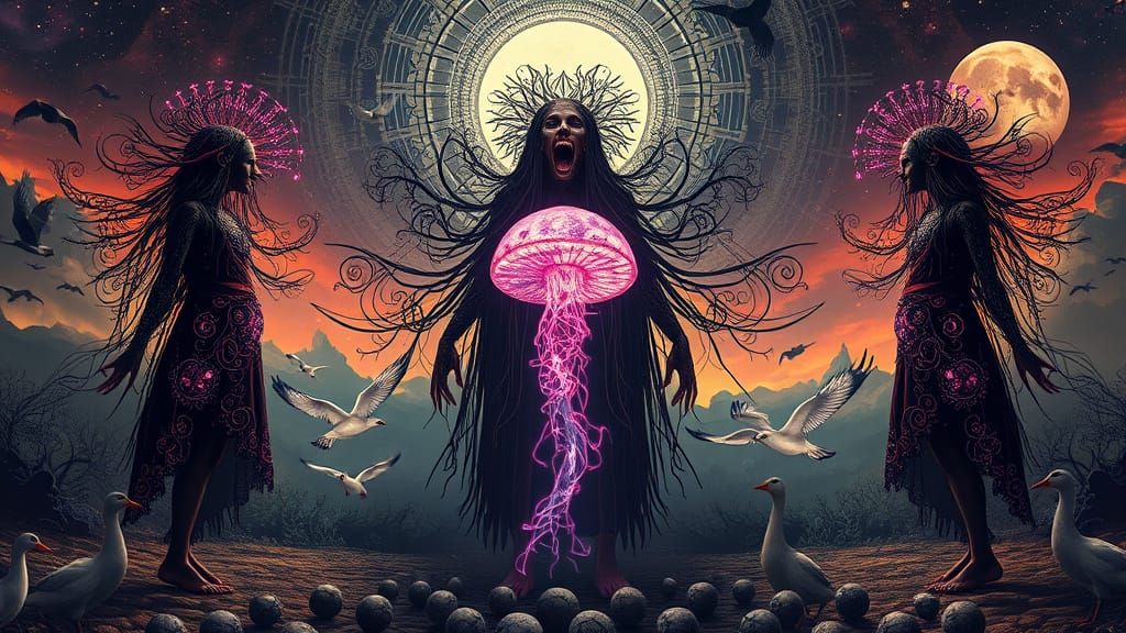 Three Goths Scream Amidst Cosmic Dreamscape Art