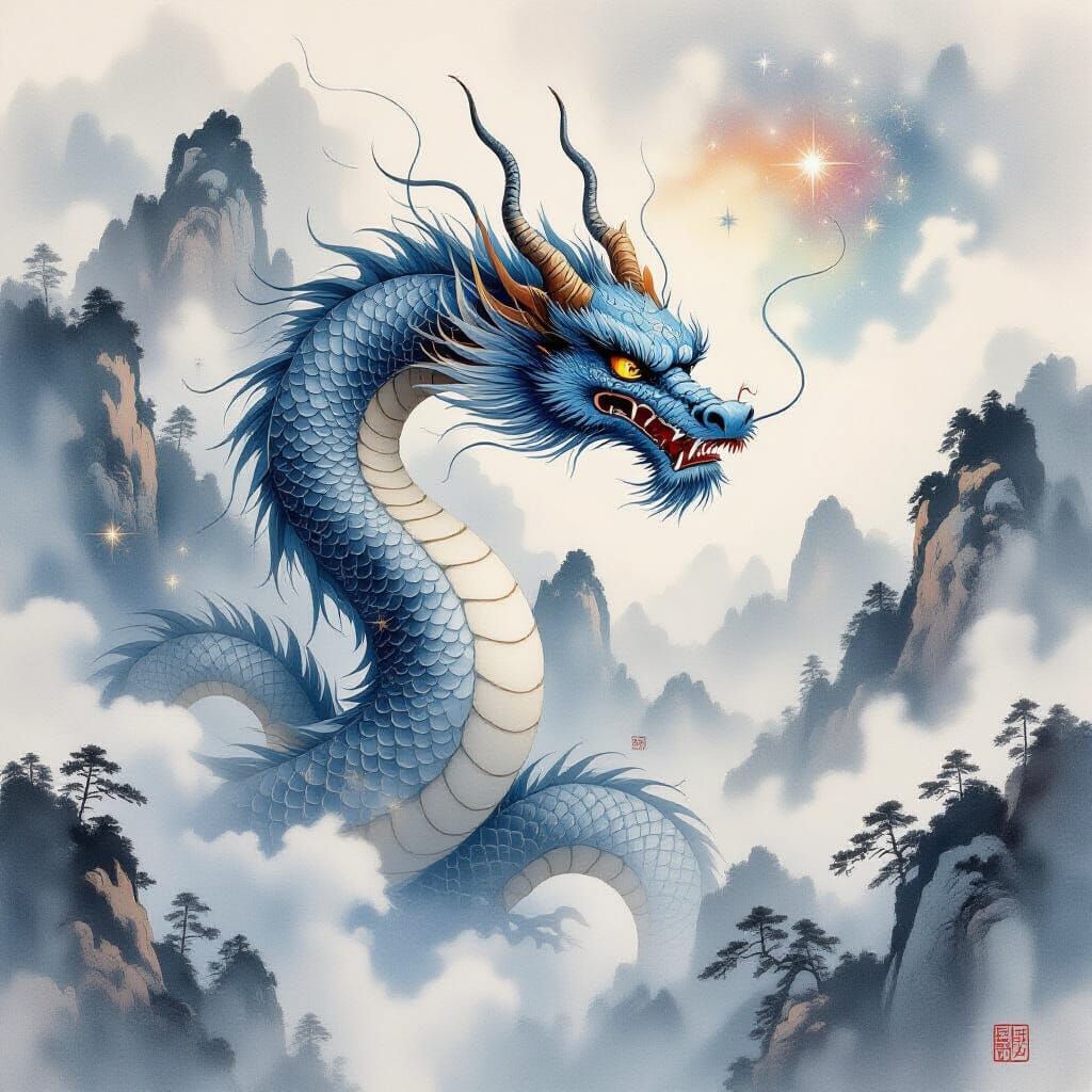 Majestic Oriental Dragon in Chinese Watercolor Style