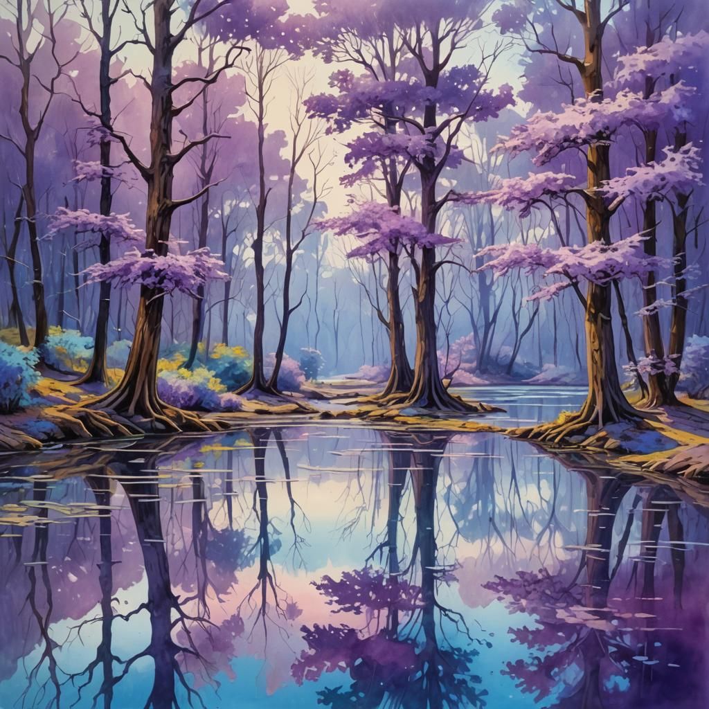 Surreal Landscape: Ethereal Reflections in Gouache Style