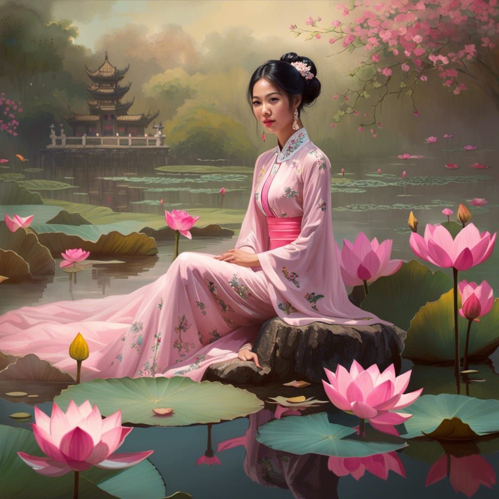 Vietnamese Beauty in Ao Dai with Lotus Pond