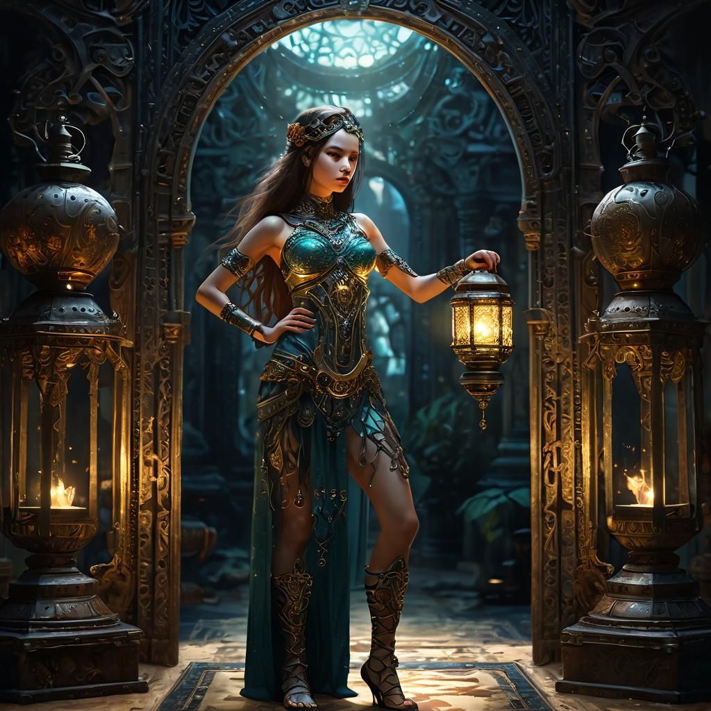 Woman with Lantern in Dark Biomechanical Setting