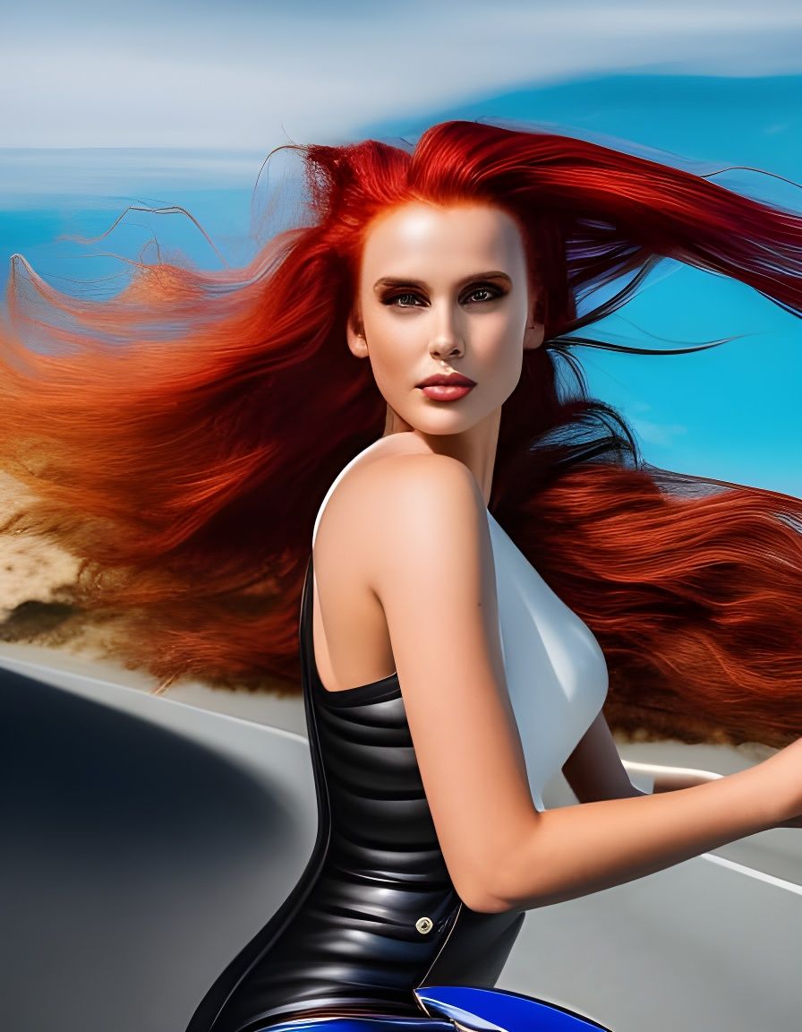 Redhead on Futuristic Bike Does Wheelie: Comic Art