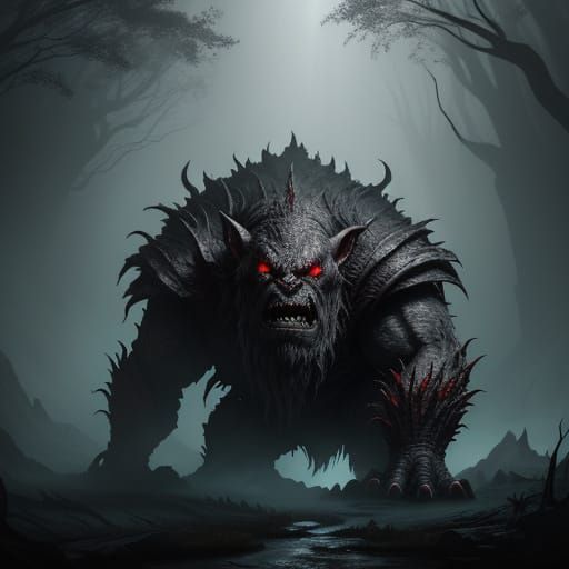 Deformed Troll Eats Body in Dark Fantasy Art