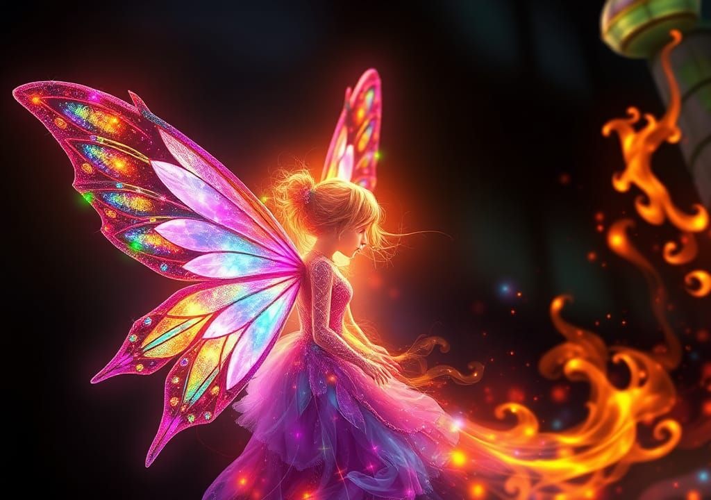 Colorful Fairy in Fantasy Fire, Golden Age Illustration