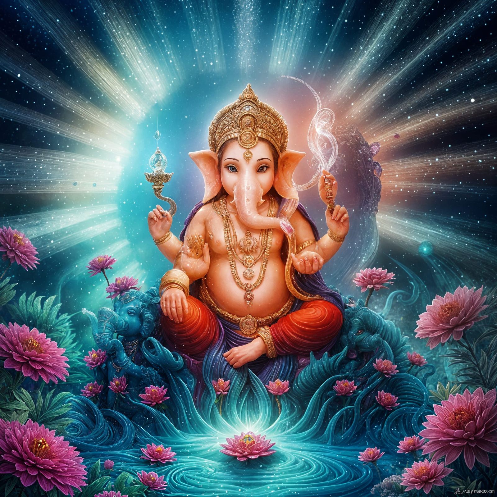 Glowing Crystal Ganesha Sculpture with Flowers