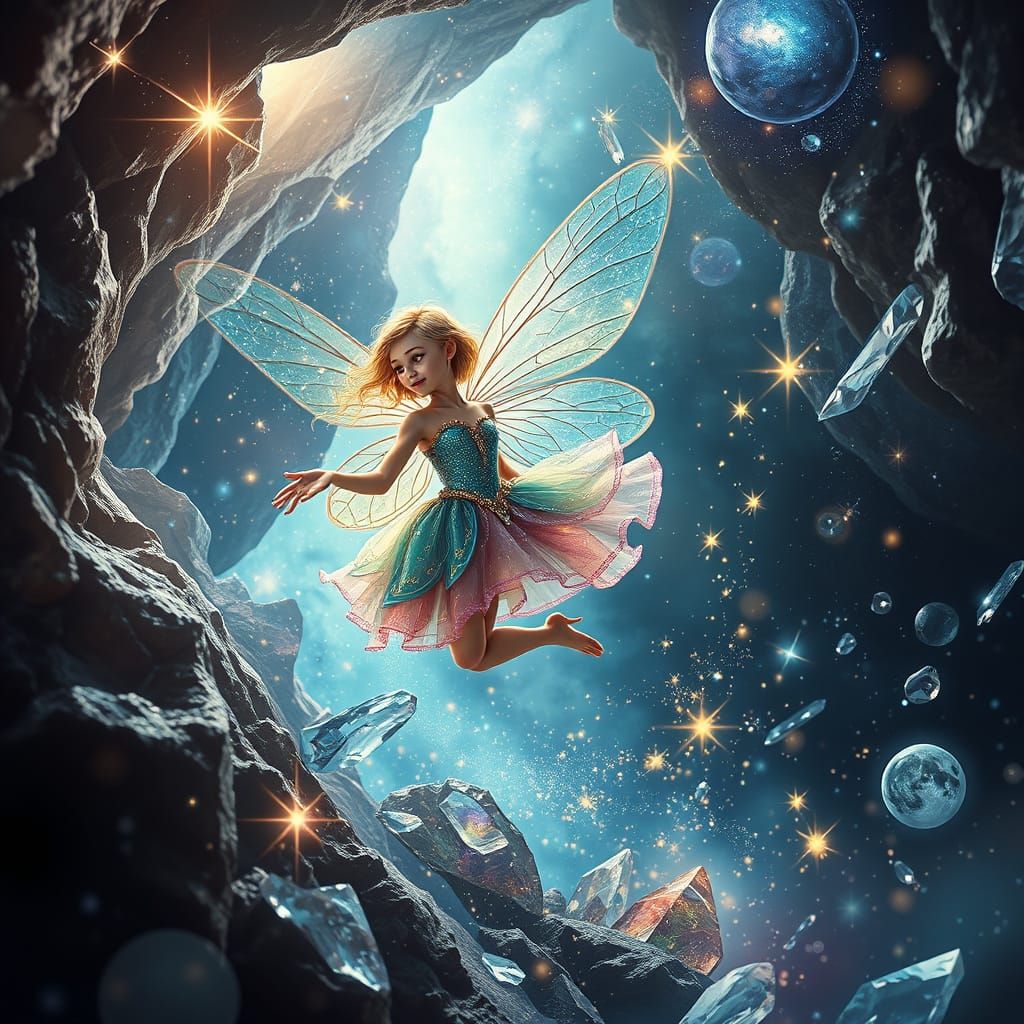 Whimsical Sprite in Crystal Cave with Galaxy Double Exposure