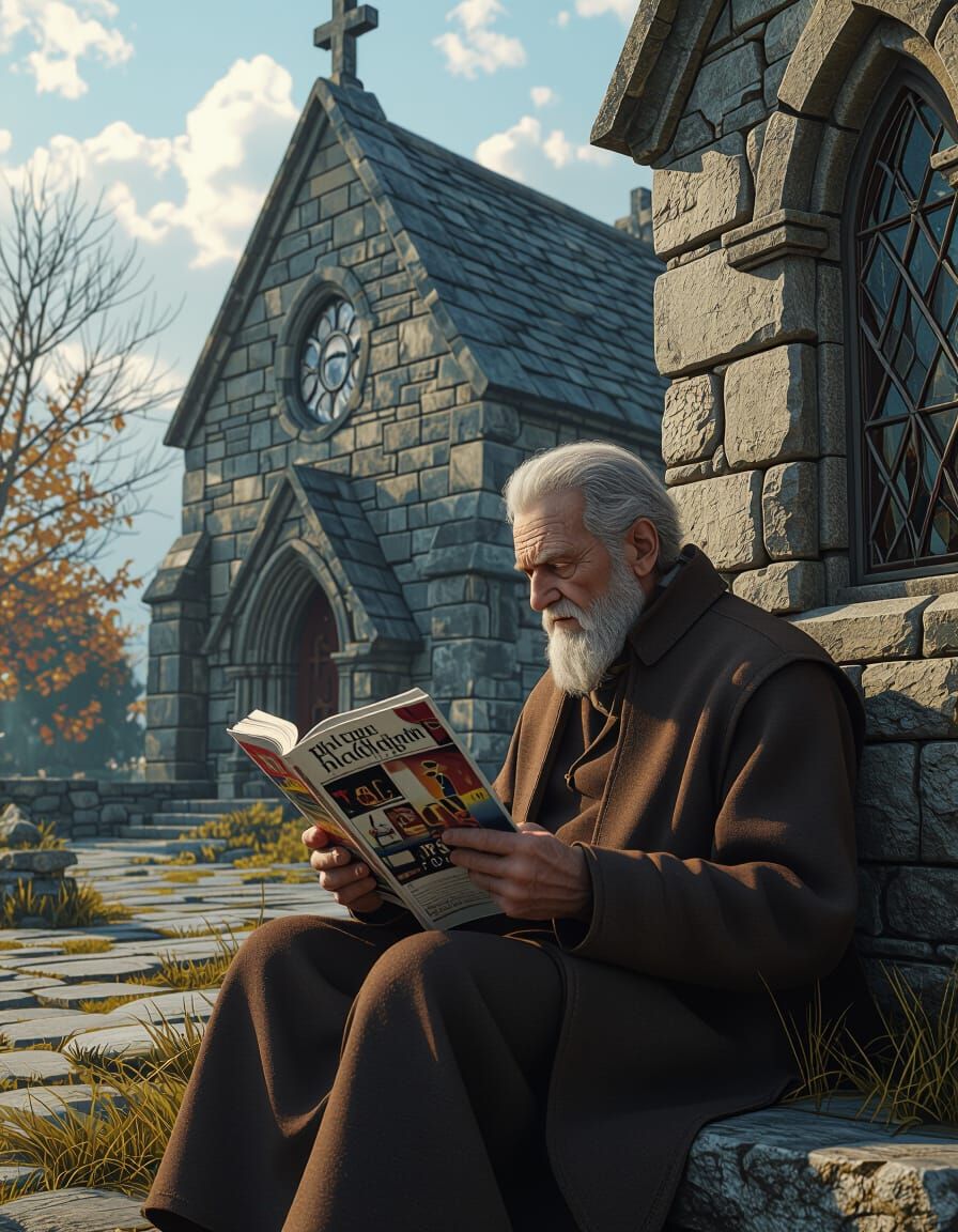 Elderly Man Reading by Ancient Church in Matte Painting Styl...