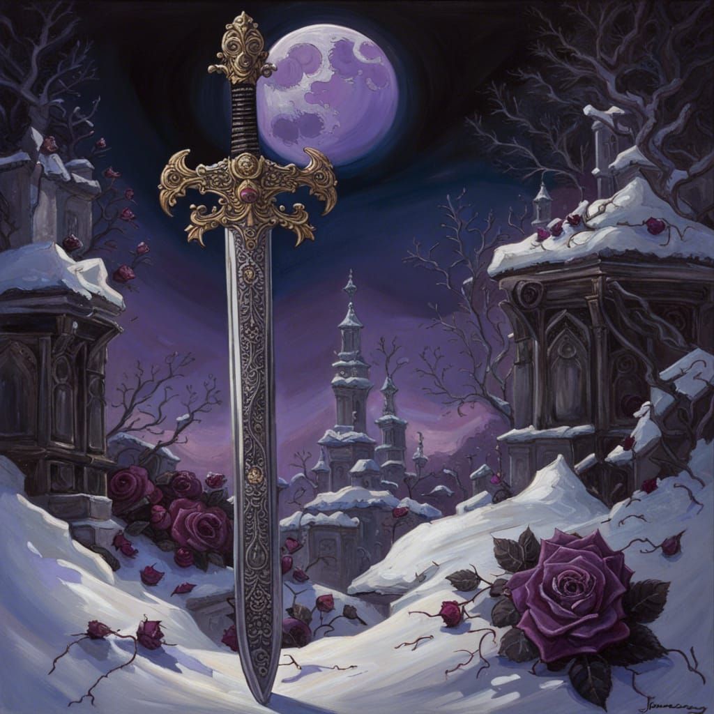 Gothic Sword and Roses Under Moon, Oil Painting