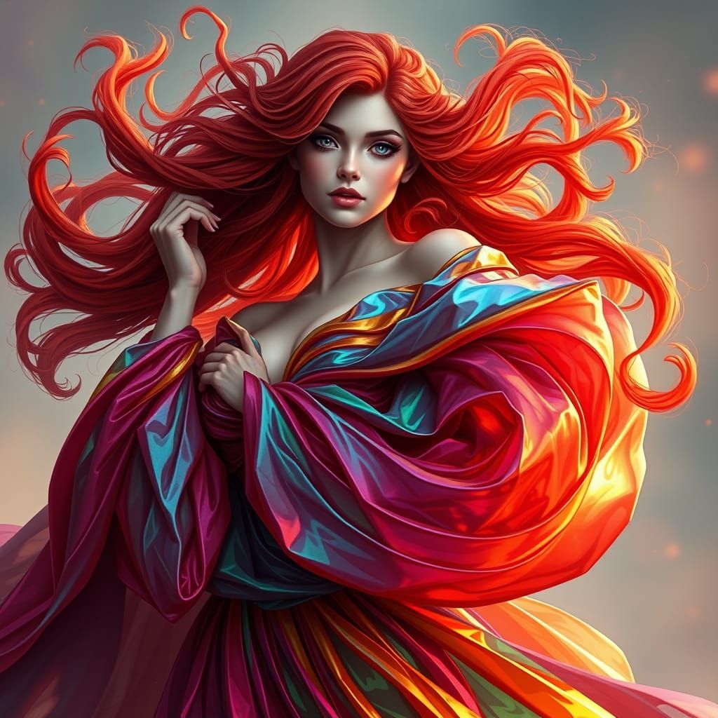gorgeous woman red hair swirly irridescent dress