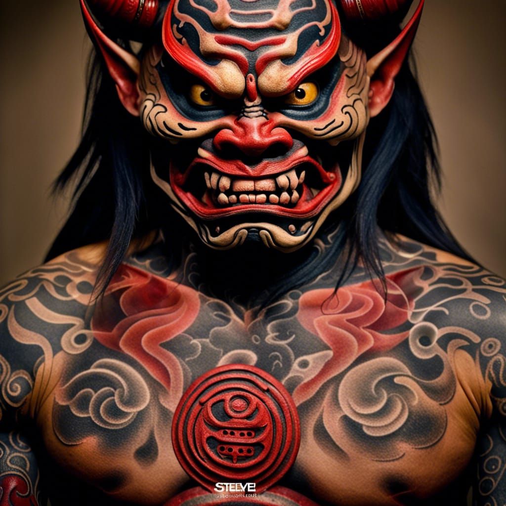 Menacing Oni Tattoo Close-Up Portrait
