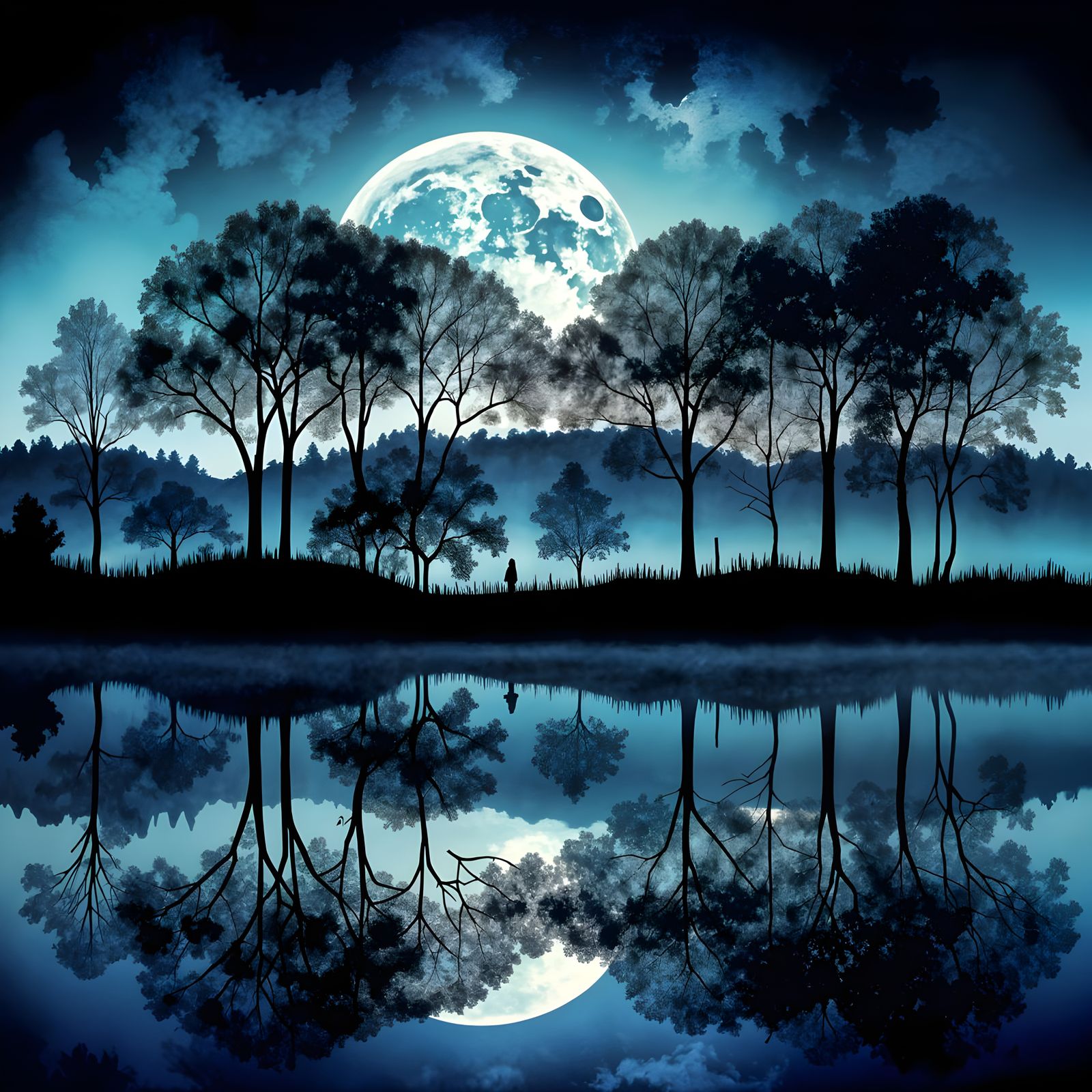 Luminous Blue Moonlit Meadow in Watercolor