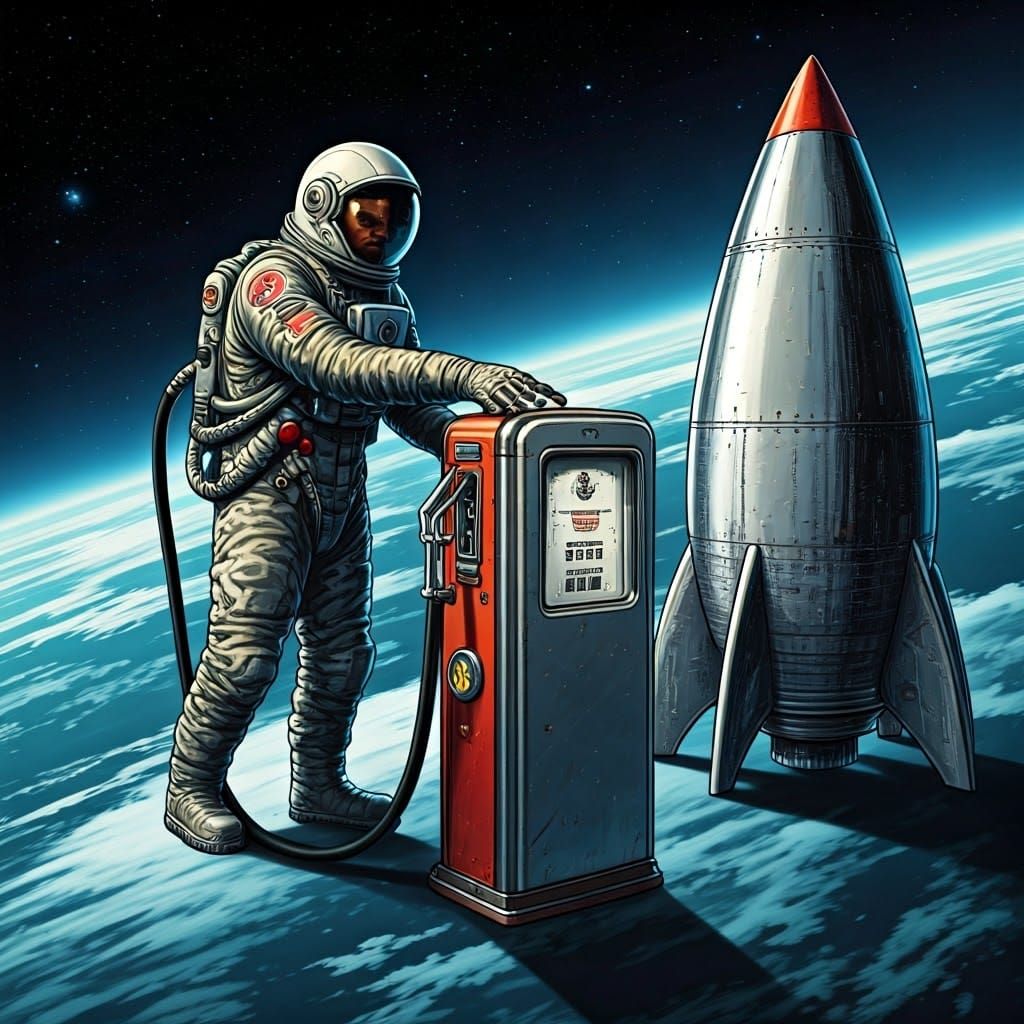 Astronaut Refuels Rocket at Orbital Base in Retro Style