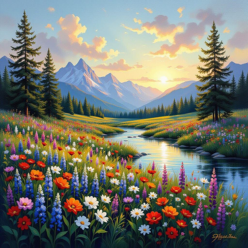 Vibrant Meadow Garden with Mountains and River